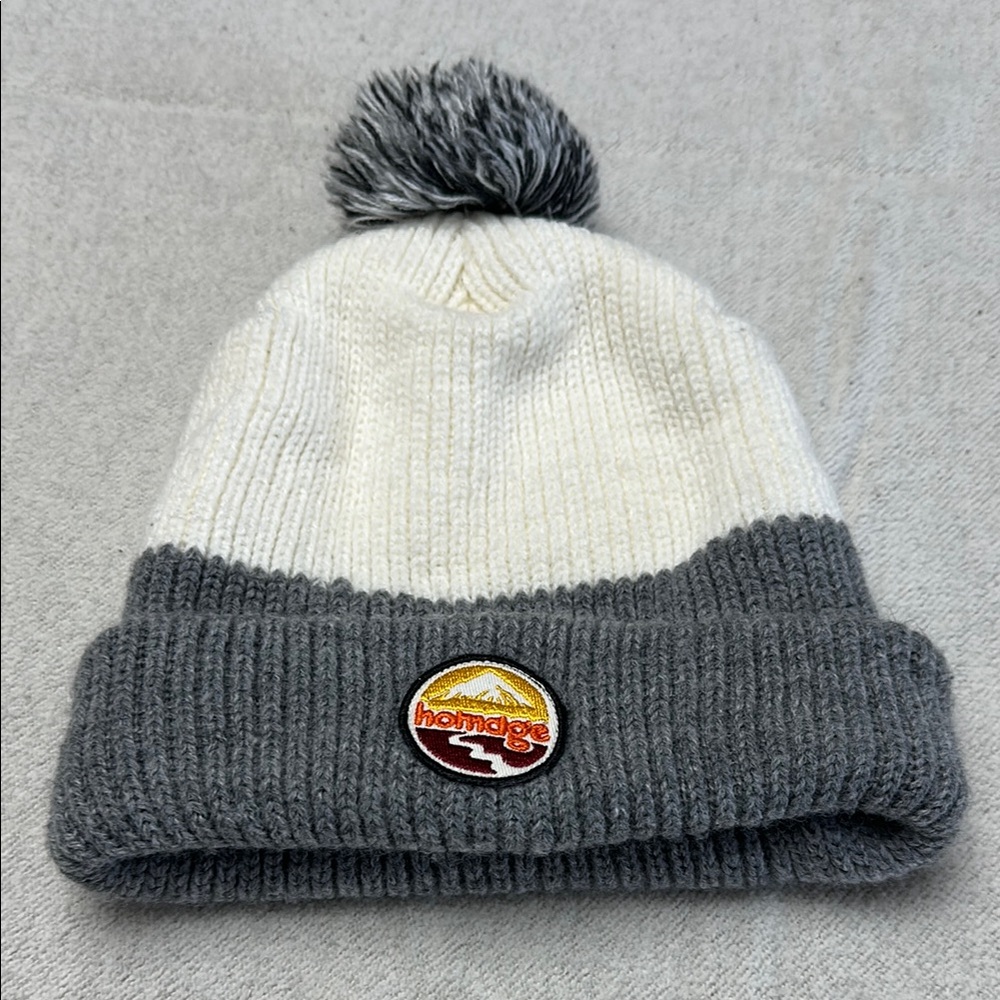 HOMAGE Cream and Gray Beanie with Pom-Pom